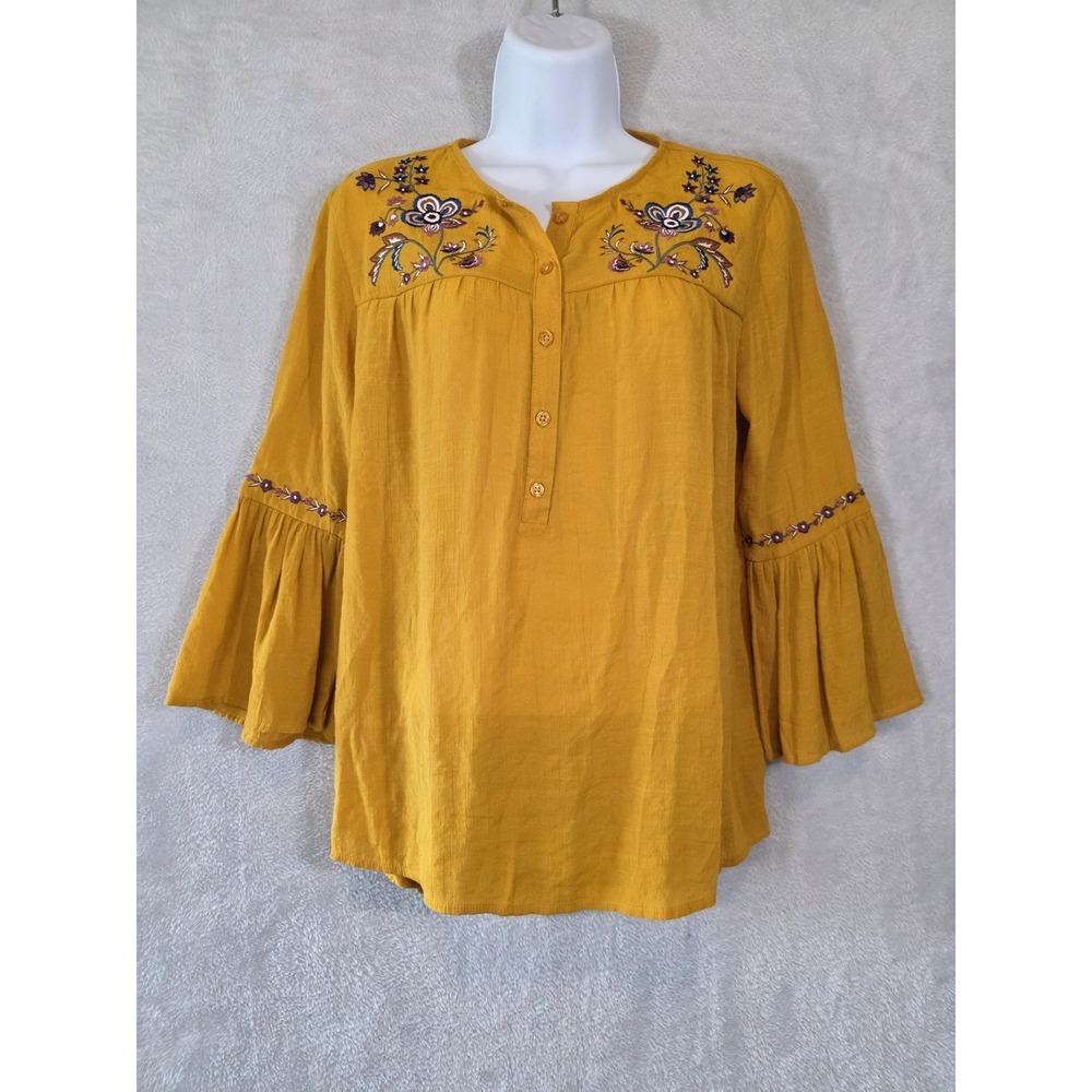 EUC Cato Blouse Womens M Yellow Gold Embroidered Floral Semi Sheer Bohemian